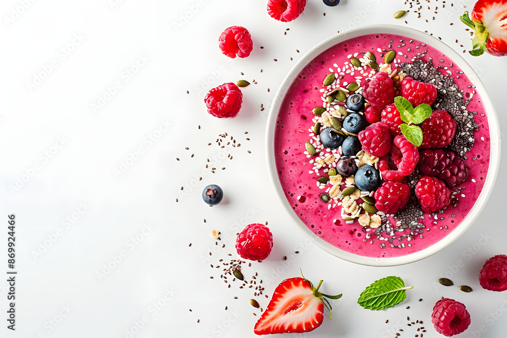 A vibrant image of a smoothie bowl with fresh fruits and seeds, set against a clean, white background A vibrant image of a smoothie bowl with fresh fruits and seeds, set against a clean, white background