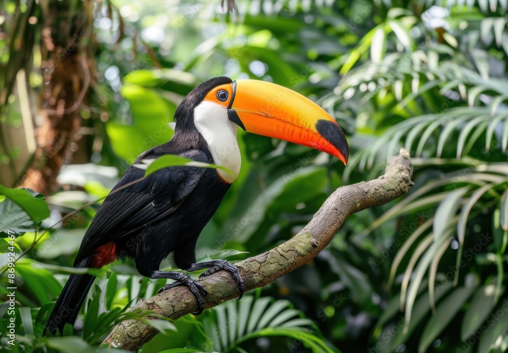 toucan perched on a branch in an open-air wildlife park, surrounded by lush green trees and dense foliage The bird is seen sitting gracefully against the backdrop of nature's beauty Generative AI toucan perched on a branch in an open-air wildlife park, surrounded by lush green trees and dense foliage The bird is seen sitting gracefully against the backdrop of nature's beauty Generative AI