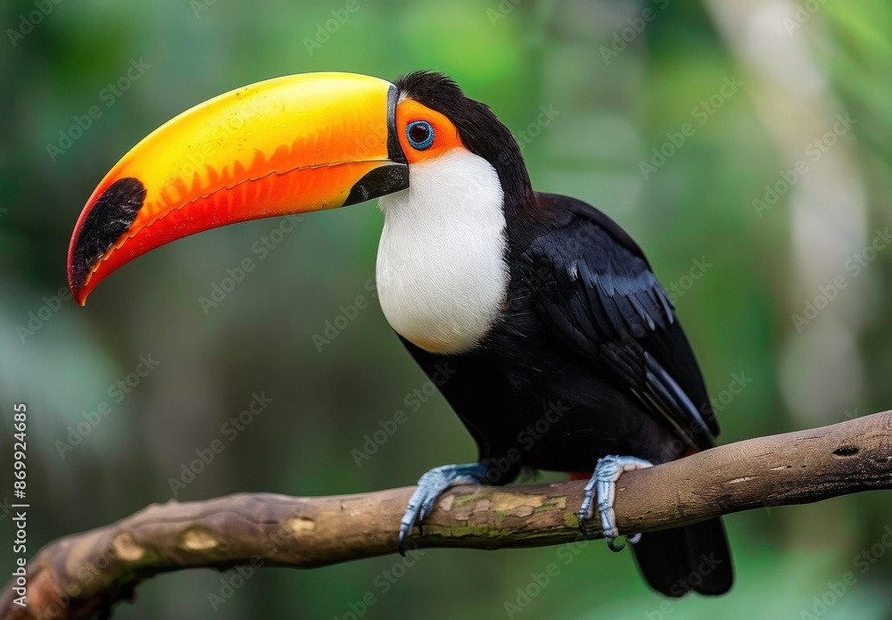 Fototapeta premium toucan perched on a branch in an exotic rainforest, its bright orange beak contrasting with black feathers and white head Generative AI