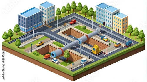 Broken Sewer and Water Supply. Pipeline for Various Purposes. City Engineering Network. Utility Services Repairing Pipeline Of Sewerage. Underground Part of System. Isometric 3d Vector Illustration