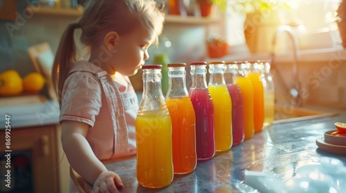The child chooses fresh fruit juice in bottles. Healthy Lifestyle. A natural source of vitamins