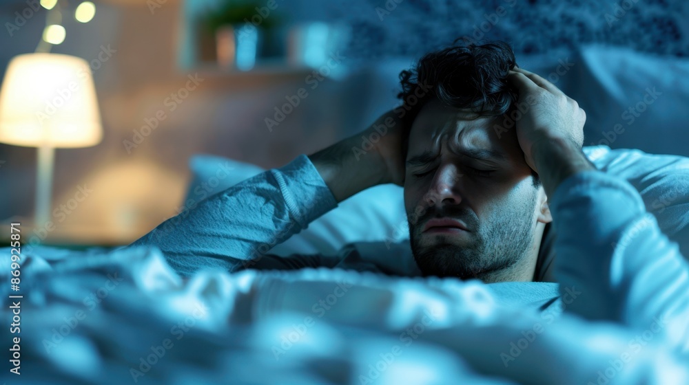 Man in bed suffering from a headache or stress, holding his head in the dimly lit bedroom at night. Man in bed suffering from a headache or stress, holding his head in the dimly lit bedroom at night.