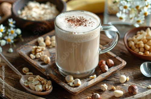 A Warm Cup of Coffee With Hazelnuts and White Flowers on a Wooden Tray