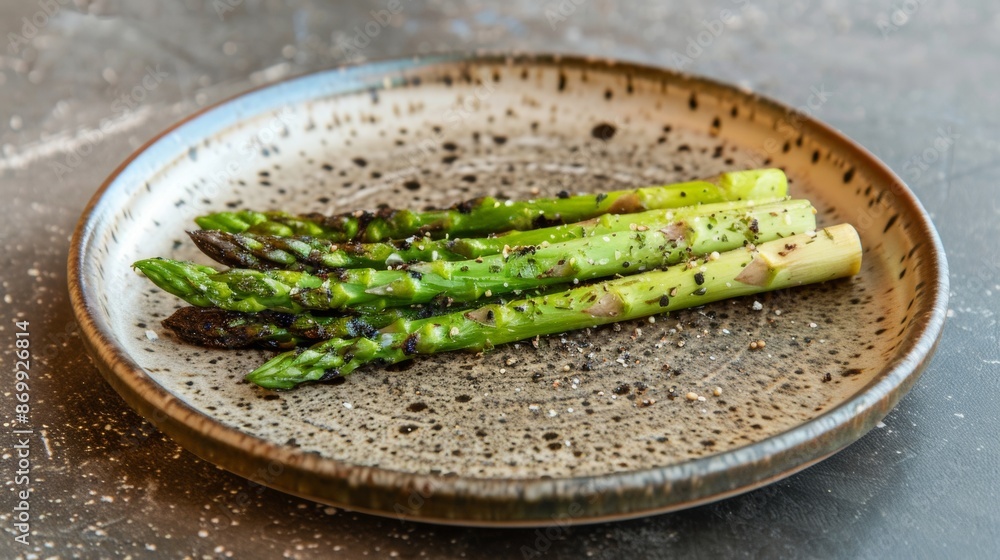Grilled Asparagus Spears With Pepper on a Brown Plate Grilled Asparagus Spears With Pepper on a Brown Plate