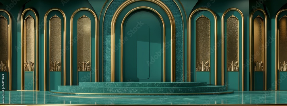 Obraz premium The serene and sophisticated architectural design is accentuated by a tranquil green background, showcasing a sleek podium surrounded by three elegant arches, creating a peaceful atmosphere