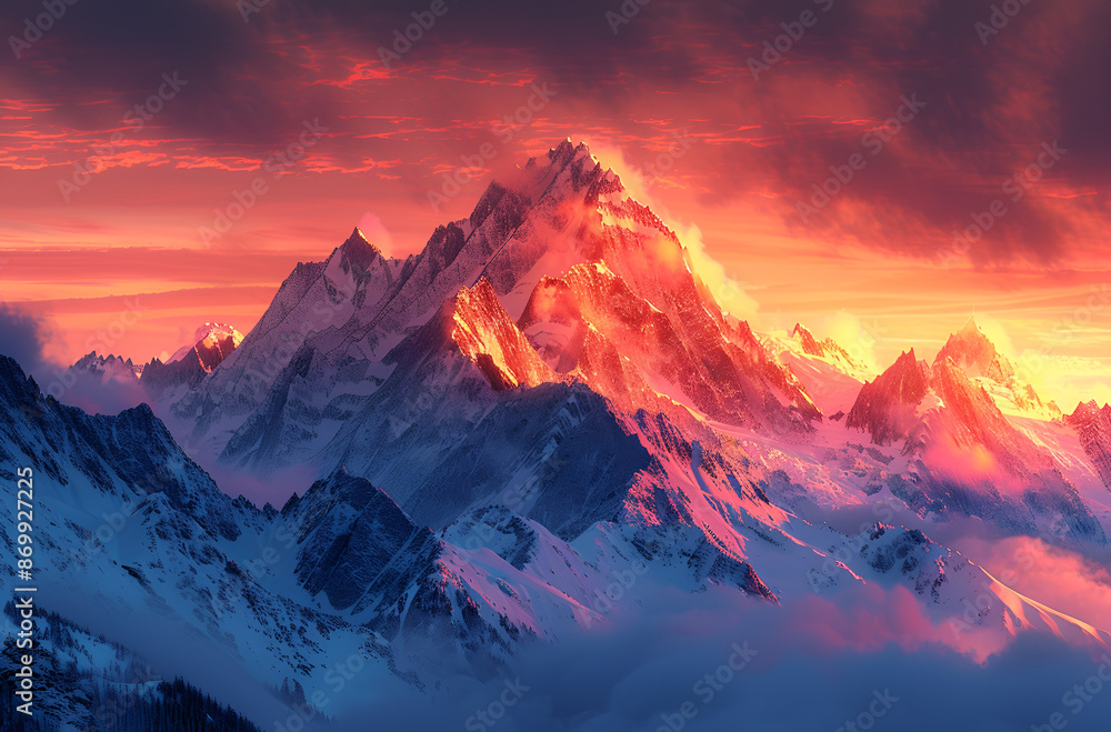 Majestic mountain range with snow-covered peaks at sunset. Majestic mountain range with snow-covered peaks at sunset.