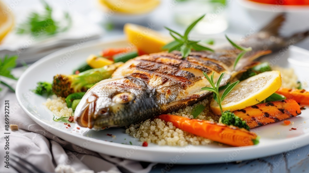Grilled whole fish served with vegetables and quinoa on a white plate, garnished with lemon slices and fresh herbs. Grilled whole fish served with vegetables and quinoa on a white plate, garnished with lemon slices and fresh herbs.