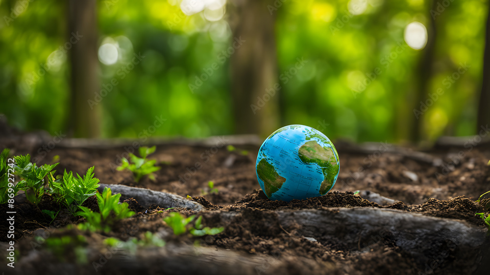 A small blue globe is sitting on a dirt field A small blue globe is sitting on a dirt field