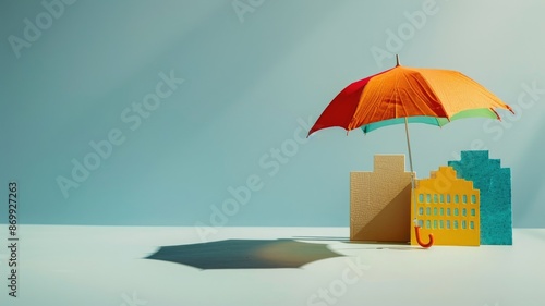 Wallpaper Mural Colorful umbrella shades paper buildings casting soft shadows Sunlight diffused from side Minimalist setup with bright backdrop Torontodigital.ca