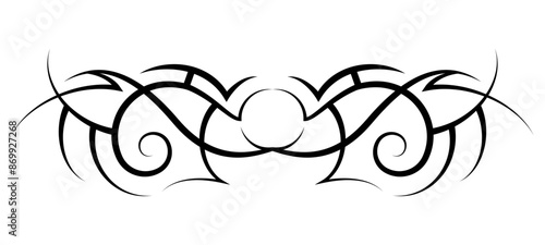 Neo abstract tribal tattoo. Horizontal black shoulder tattoo. Cyber sigilism style hand drawn ornament. Celtic gothic body ornament shapes. Maori ethnic sign isolated on white backdrop. Sketch art