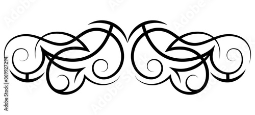 Neo abstract tribal tattoo. Horizontal black shoulder tattoo. Cyber sigilism style hand drawn ornament. Celtic gothic body ornament shape. Maori curl ethnic figure isolated on white background