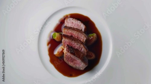 Sliced Duck Breast With Sauce and Green Beans on a White Plate