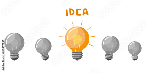 Row of light bulbs with one bright idea. Image of a sparking idea. Successful idea concept. Light bulbs ideas and creative thinking vector illustration