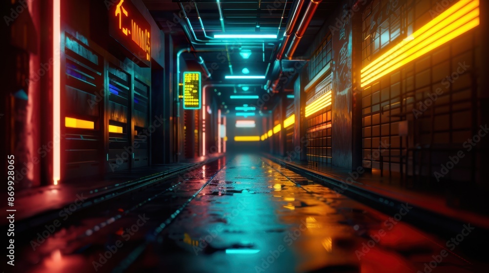 Futuristic neon-lit cyberpunk urban alley with wet pavement, vibrant colors, and a blend of modern and retro aesthetics. Futuristic neon-lit cyberpunk urban alley with wet pavement, vibrant colors, and a blend of modern and retro aesthetics.