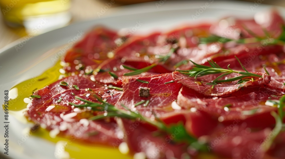 Close Up of Thinly Sliced Beef Carpaccio With Rosemary and Olive Oil Close Up of Thinly Sliced Beef Carpaccio With Rosemary and Olive Oil