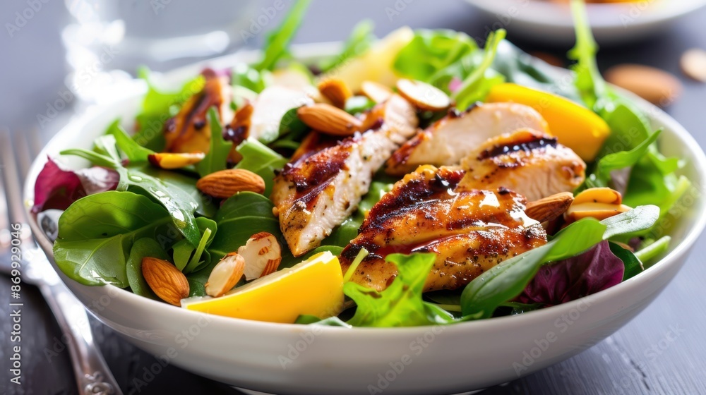Fresh grilled chicken salad with mixed greens, almonds, and mango in a white bowl on a dark table. Healthy meal option, vibrant and delicious. Fresh grilled chicken salad with mixed greens, almonds, and mango in a white bowl on a dark table. Healthy meal option, vibrant and delicious.