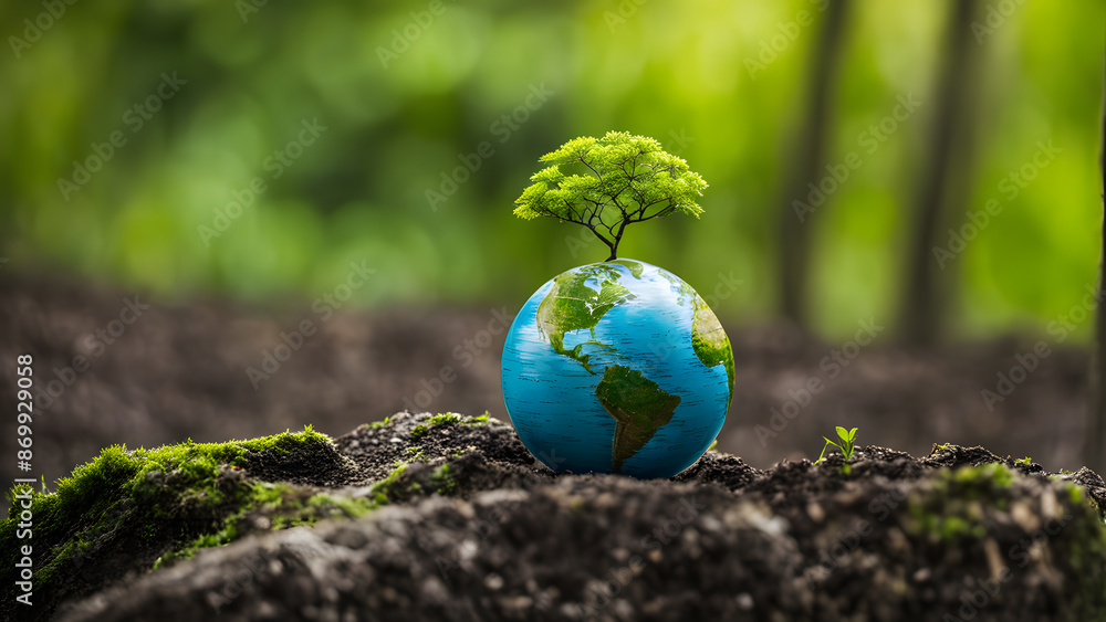 A small globe with a tree growing out of it A small globe with a tree growing out of it