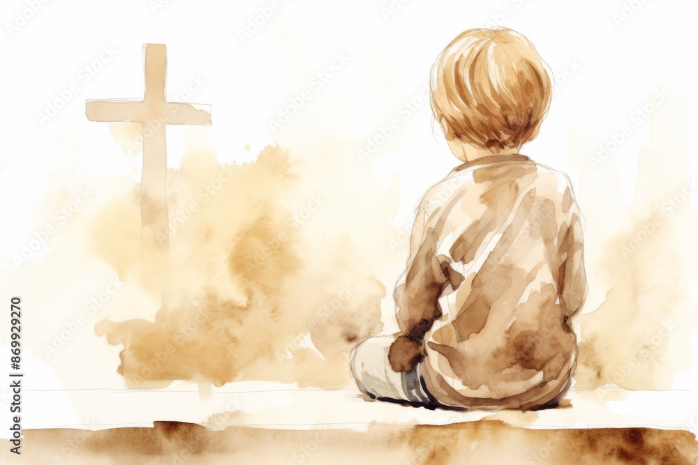 Φωτογραφία Brush Painted Watercolor Sad Child Boy Sitting Near Christian Cross in Brown Col