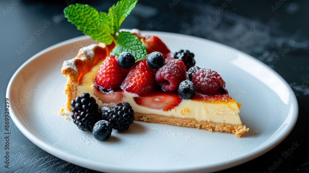 Fresh Strawberry, Raspberry, and Blueberry Tart With Mint Garnish on White Plate Fresh Strawberry, Raspberry, and Blueberry Tart With Mint Garnish on White Plate