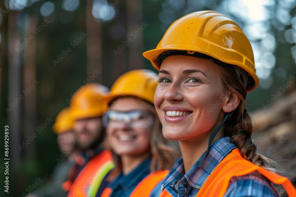 Close-up portrait of a female engineer in bright signal vest and safety helmet standing with her colleagues on construction site outdoors. Diverse team of specialists discussing project details. Close-up portrait of a female engineer in bright signal vest and safety helmet standing with her colleagues on construction site outdoors. Diverse team of specialists discussing project details.