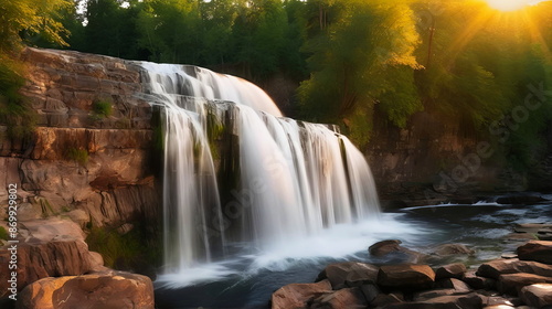A low waterfall flows down a stone staircase in the forest and falls down
