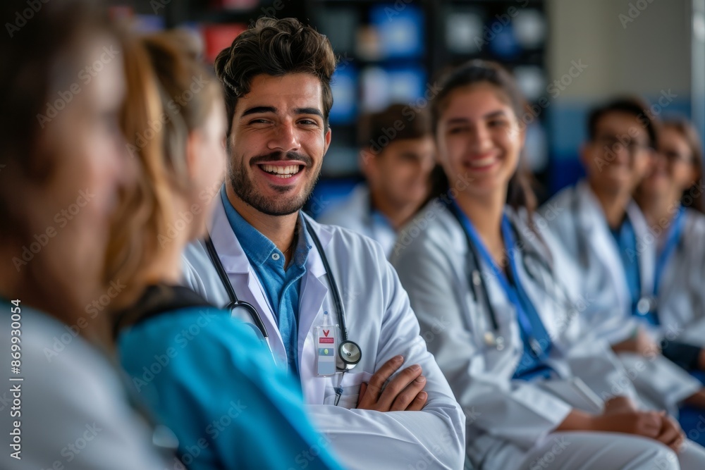 Mature male doctor teaching a group of medical students in a simulation-based training program. Health practitioner giving medical education on defibrillation and resuscitation in a hospital. Mature male doctor teaching a group of medical students in a simulation-based training program. Health practitioner giving medical education on defibrillation and resuscitation in a hospital.