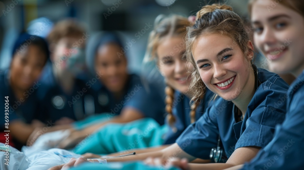 Obraz premium Group of medical students practicing CPR, including chest compressions and bag valve mask ventilation in a healthcare simulation center. Female students undergoing clinical training in medical school.