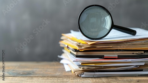 Magnifying glass on stack of paper documents wooden desk photo