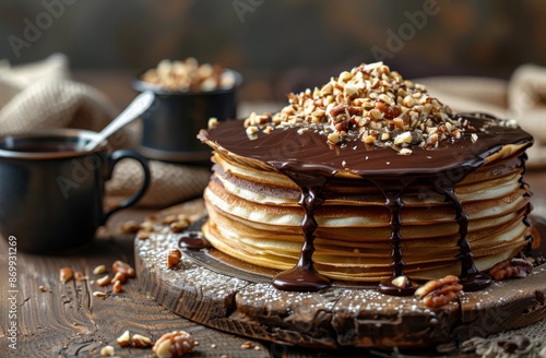 Chocolate Covered Pancake Stack With Nuts and Coffee