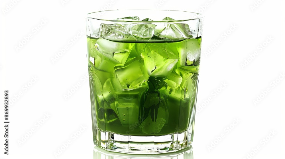 Green cocktail served in a glass with ice cubes isolated on a white background Green cocktail served in a glass with ice cubes isolated on a white background
