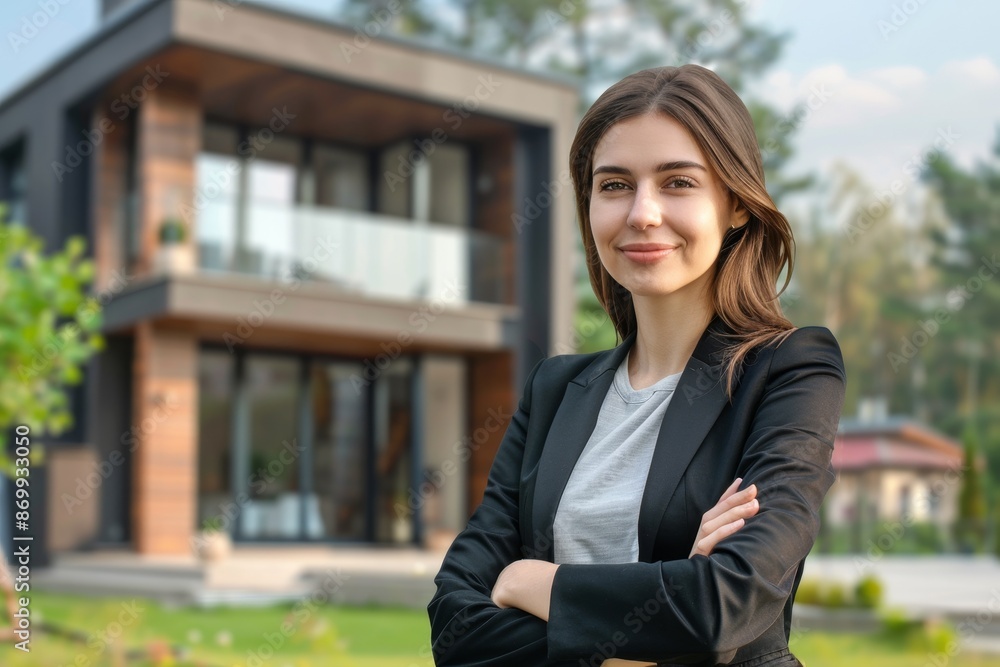 realtor on the background of the house Generative AI realtor on the background of the house Generative AI
