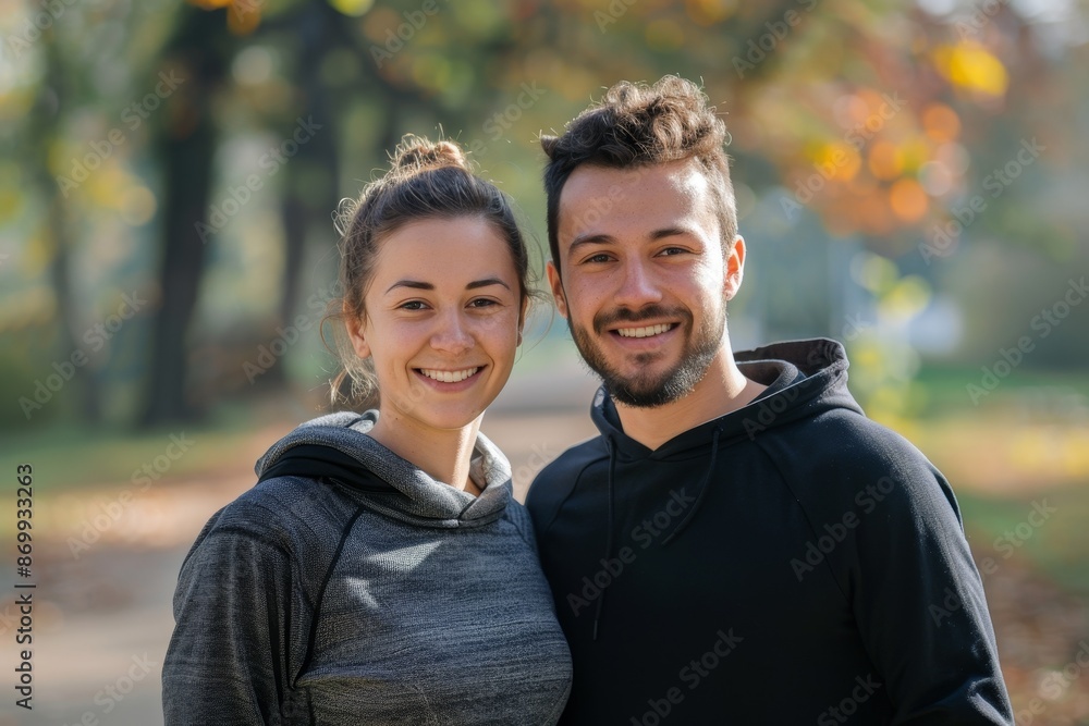 Portrait of a happy sporty couple in the park Generative AI Portrait of a happy sporty couple in the park Generative AI