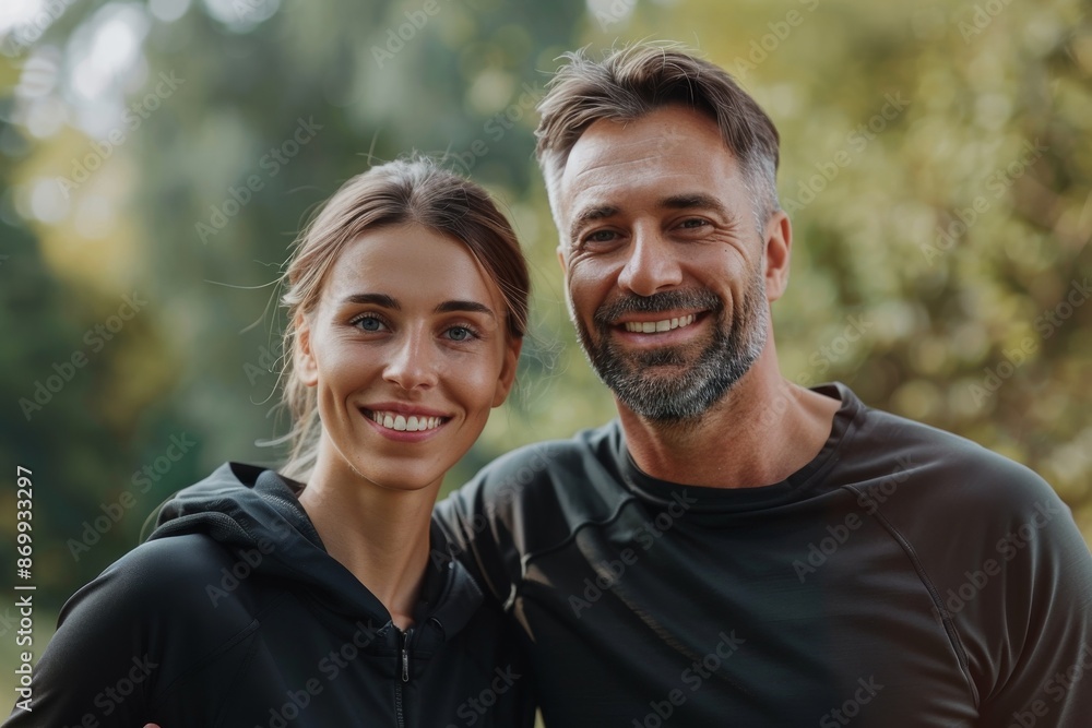 Portrait of a happy sporty couple in the park Generative AI Portrait of a happy sporty couple in the park Generative AI