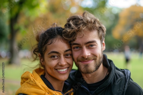 Portrait of a happy sporty couple in the park Generative AI