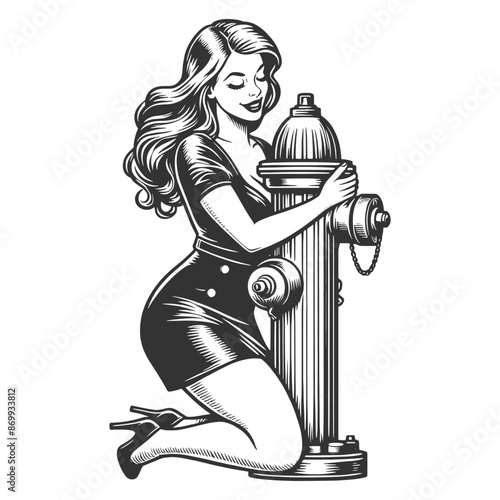 pin-up girl playfully posing with a classic fire hydrant sketch engraving generative ai fictional character vector illustration. Scratch board imitation. Black and white image.
