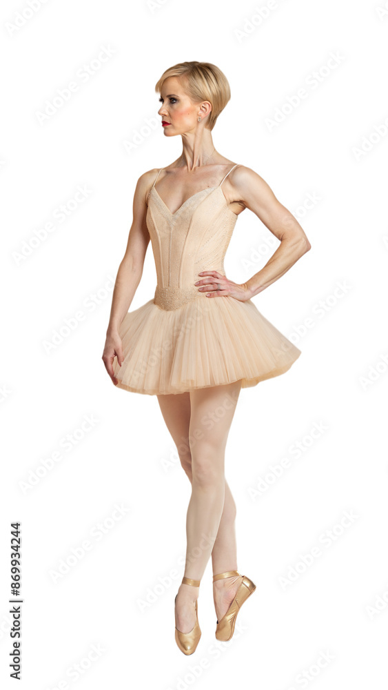 Naklejka premium Graceful ballerina in beige tutu performing on pointe shoes on a transparent background