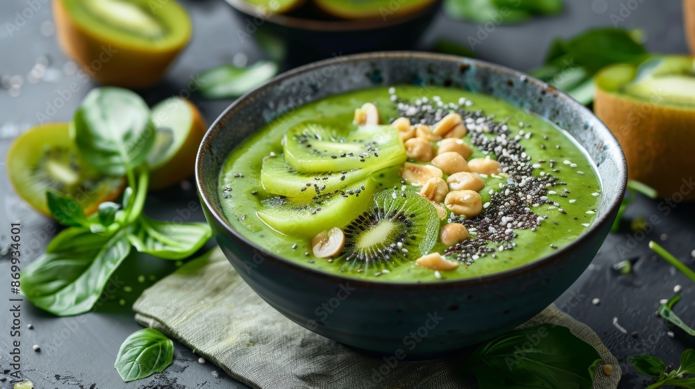 Green Smoothie Bowl With Kiwi, Peanuts, And Chia Seeds Green Smoothie Bowl With Kiwi, Peanuts, And Chia Seeds