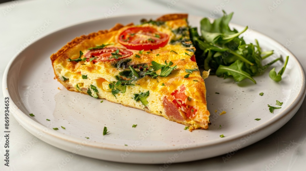 A Slice of Tomato and Spinach Quiche on a White Plate A Slice of Tomato and Spinach Quiche on a White Plate