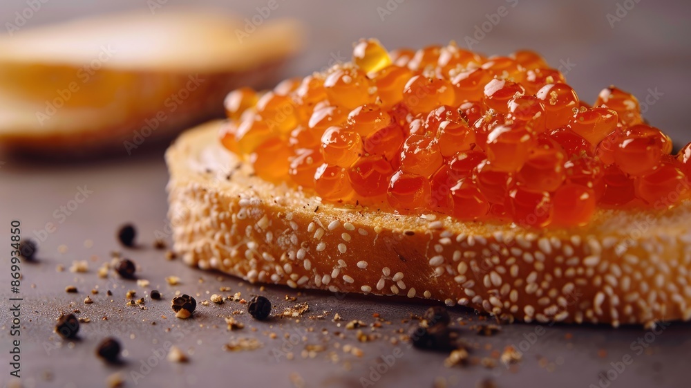 Close-up of sesame bread slice topped with red caviar Close-up of sesame bread slice topped with red caviar