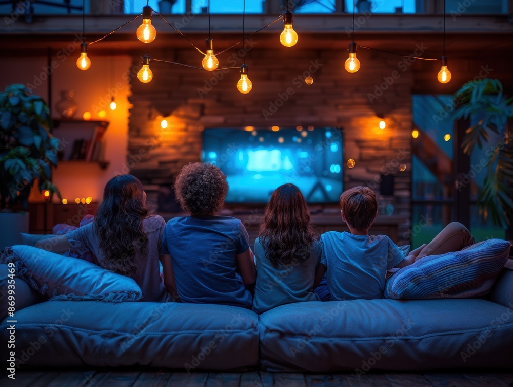 Back view of a family watching TV together in a cozy room Back view of a family watching TV together in a cozy room
