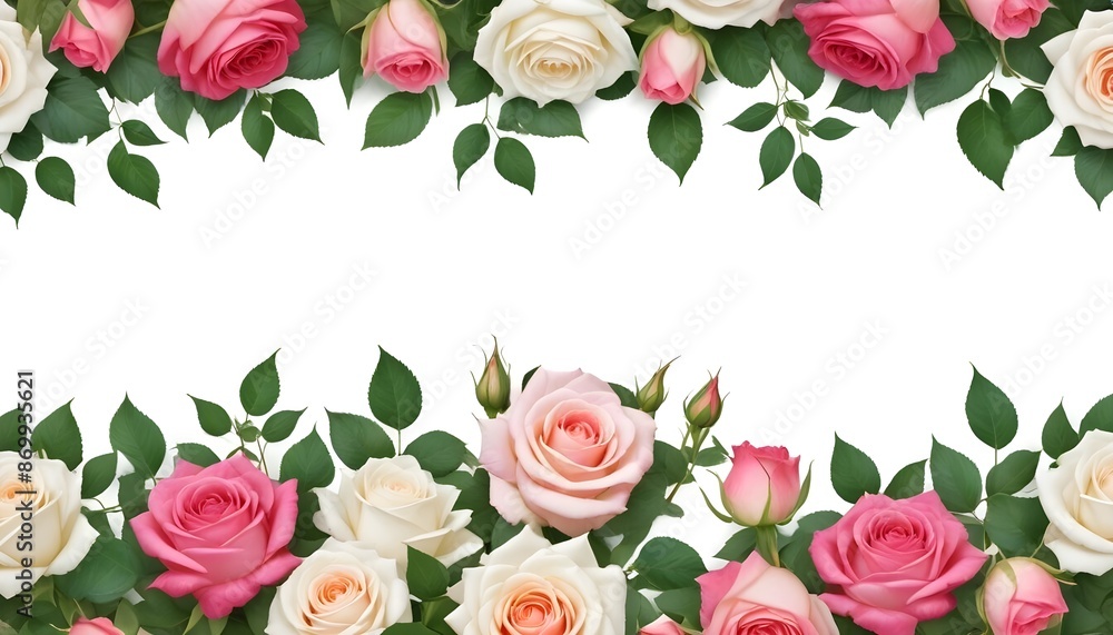 Naklejka premium Pink and white roses with green leaves background with copy space 