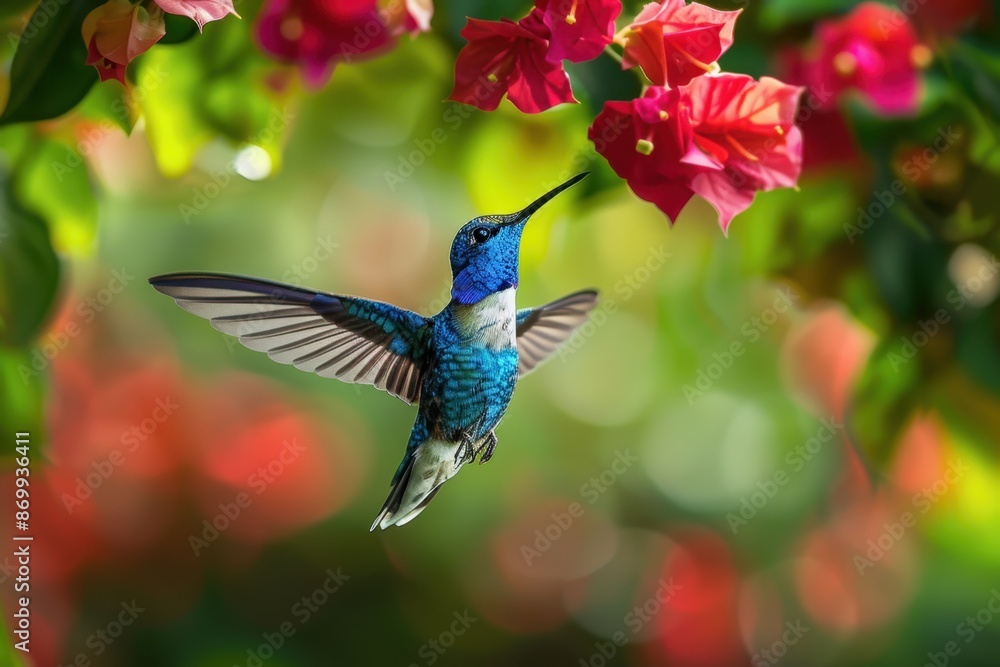 Obraz premium A blue and white hummingbird in flight against a natural green background with red blurred flowers Generative AI