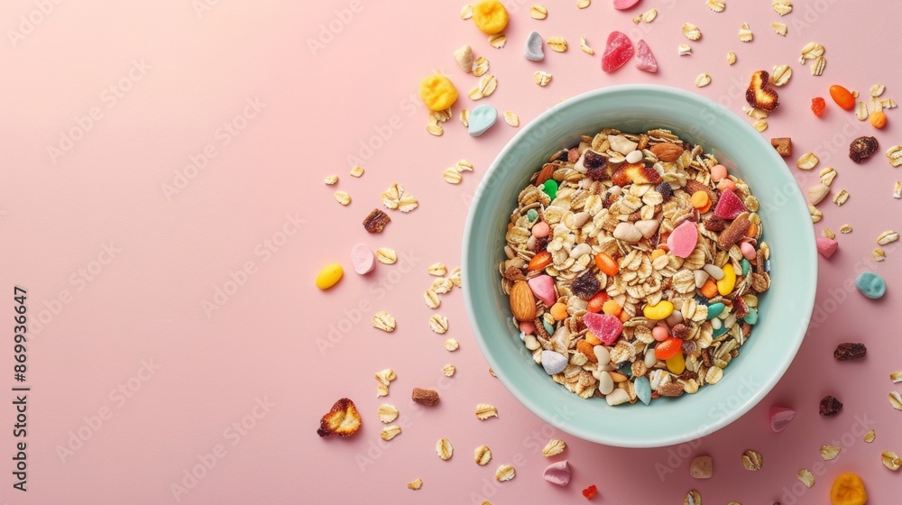 Colorful Cereal With Candy and Nuts in Blue Bowl on Pink Background Colorful Cereal With Candy and Nuts in Blue Bowl on Pink Background