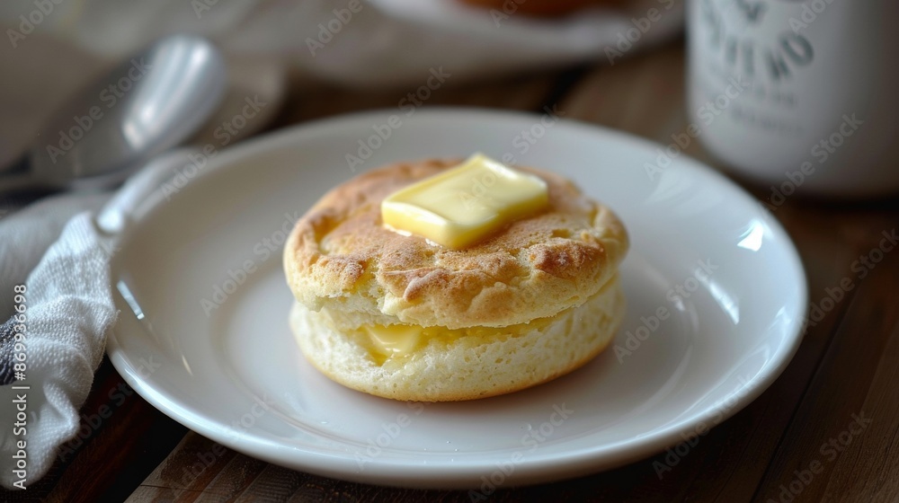 Buttered Biscuit on a White Plate With a Spoon and Napkin Buttered Biscuit on a White Plate With a Spoon and Napkin