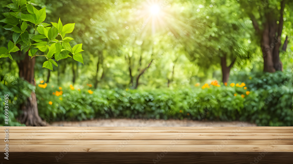 A wooden table with a view of a lush green forest A wooden table with a view of a lush green forest