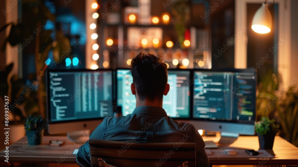 A programmer working late at night on a computer with multiple screens filled with code, illuminated by soft warm lights in a cozy workspace. A programmer working late at night on a computer with multiple screens filled with code, illuminated by soft warm lights in a cozy workspace.
