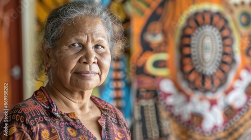 The picture of the australian indigenous female is standing in front of the colourful background and working as community leader, a community leader require communication skill and leadership. AIG43.