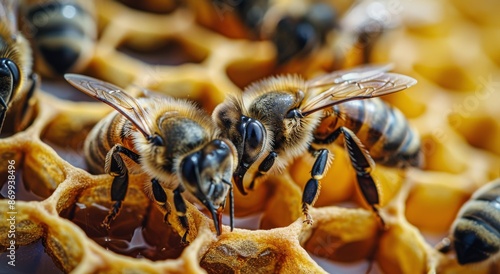 Bees Working on a Honeycomb With Freshly Made Honey