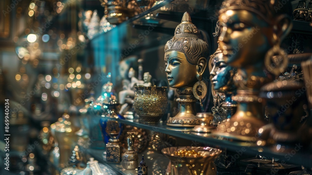 Fototapeta premium Antique Brass Figurines Displayed in Shop