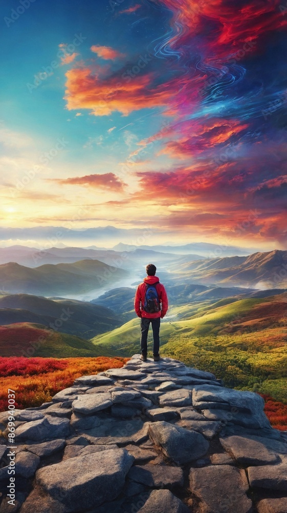 Fototapeta premium One man contemplating amazing landscape view with mountains and colorful cloudscape
